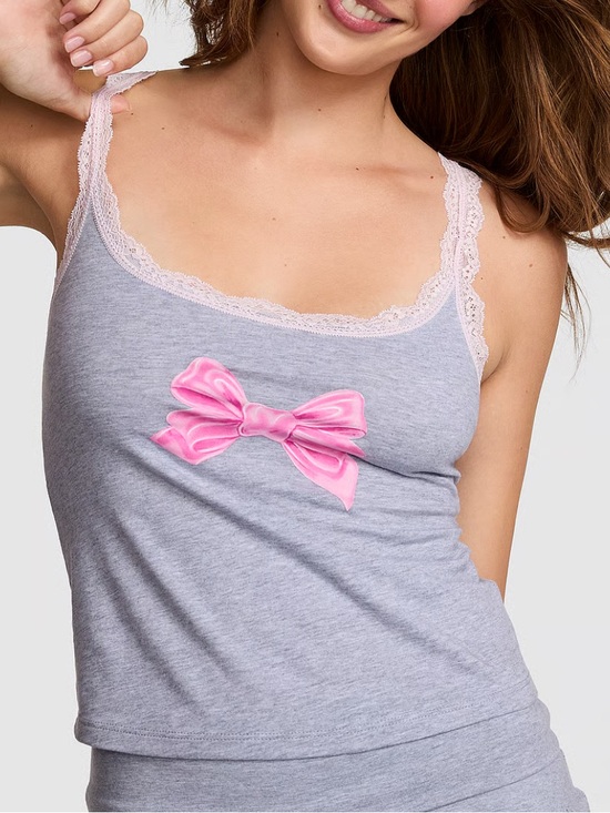 LoveShackFancy Other - NWT LoveShackFancy X VS PINK Cami Medium Gray Pink Bow Lace Trim Tank Cotton NEW